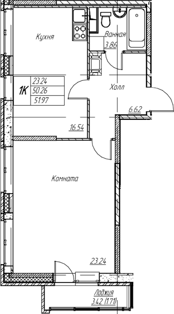 1-комнатная квартира 51.97 м², 4/22 эт., ЖК «Парк-квартал Юнтолово»